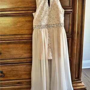 Elegant Cream Lace Gown with Jewel Accents
